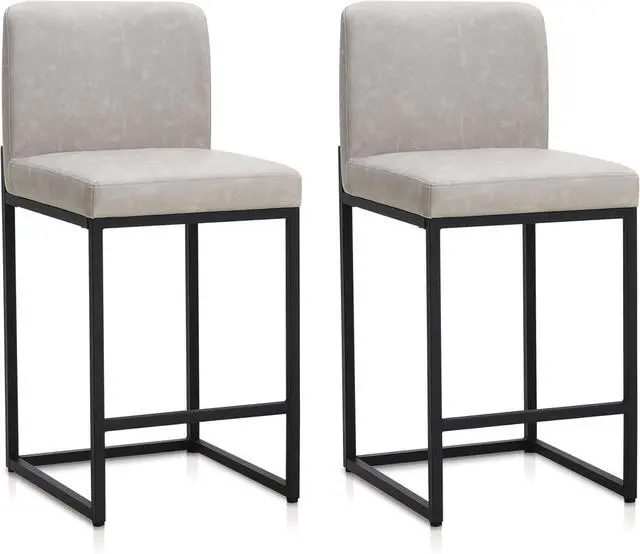 Alt view image 3 of 7 - Light Grey Counter Height Bar Stools Set of 2 for Kitchen Counter 24 Inch Faux Leather Upholstered Barstools with Back Modern Farmhouse Bar Chairs Island Stools Support 330LBS, Light Grey