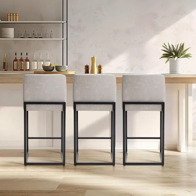 Alt view image 4 of 7 - Light Grey Counter Height Bar Stools Set of 2 for Kitchen Counter 24 Inch Faux Leather Upholstered Barstools with Back Modern Farmhouse Bar Chairs Island Stools Support 330LBS, Light Grey