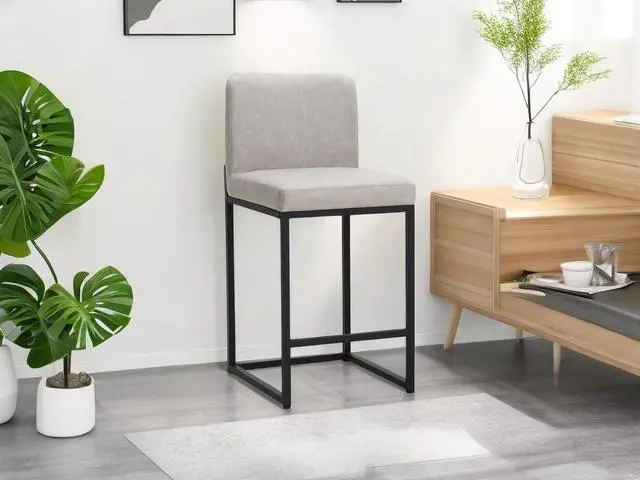 Alt view image 5 of 7 - Light Grey Counter Height Bar Stools Set of 2 for Kitchen Counter 24 Inch Faux Leather Upholstered Barstools with Back Modern Farmhouse Bar Chairs Island Stools Support 330LBS, Light Grey