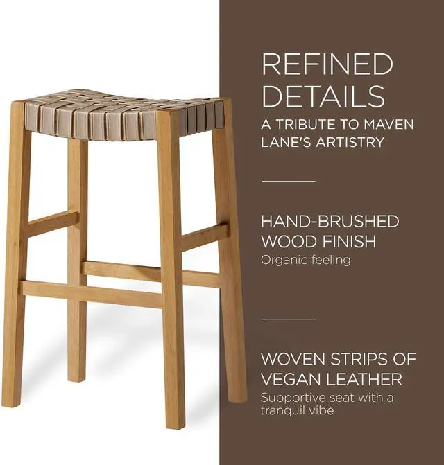 Alt view image 4 of 6 - Maven Lane Kitchen Bar Stool, Home Barstools, Kitchen Island Stool Chair, Bar Height Stools for Kitchen, Island Chairs Backless Vegan Leather Saddle Bar Stools Emerson 31 Inch, Weathered Natural Wood