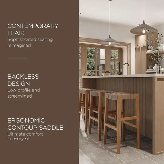 Alt view image 3 of 6 - Maven Lane Kitchen Bar Stool, Home Barstools, Kitchen Island Stool Chair, Bar Height Stools for Kitchen, Island Chairs Backless Vegan Leather Saddle Bar Stools Emerson 31 Inch, Weathered Natural Wood