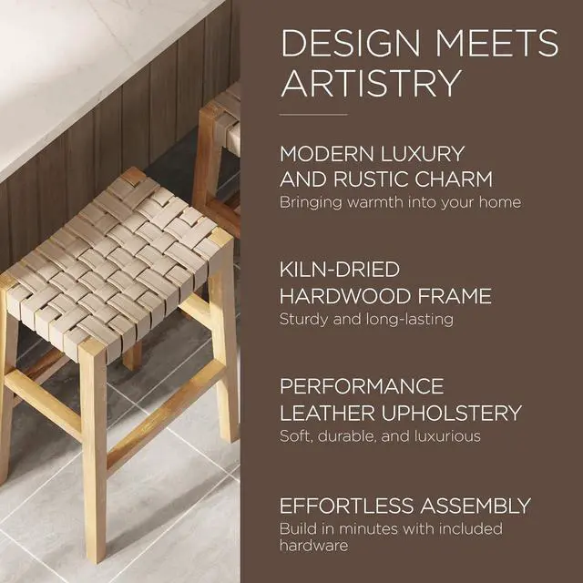 Alt view image 6 of 6 - Maven Lane Kitchen Bar Stool, Home Barstools, Kitchen Island Stool Chair, Bar Height Stools for Kitchen, Island Chairs Backless Vegan Leather Saddle Bar Stools Emerson 31 Inch, Weathered Natural Wood