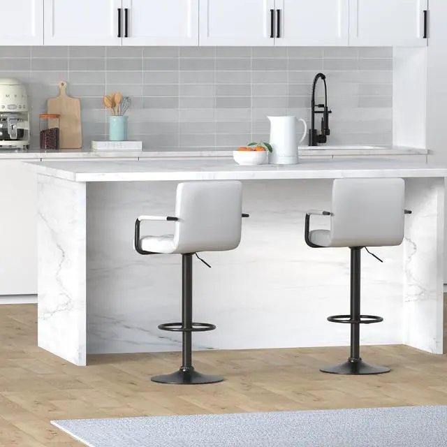 Alt view image 2 of 7 - Huracan Bar Stool Set of 2 White Bar Chairs with Arms and Back Swivel Counter Height Stools with Adjustable Armrest Modern Island Chairs for Kitchen (White+Black Base, 2pcs)