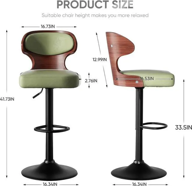 Alt view image 2 of 7 - Bar Stools Set of 2 Seat Adjustable Height 24.5-33.5IN - Bentwood Swivel Barstools with Back & Footrest - PU Leather Upholstered Bar Chair for Bar, Kitchen, Dining Room