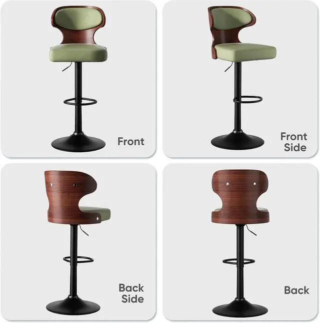 Alt view image 7 of 7 - Bar Stools Set of 2 Seat Adjustable Height 24.5-33.5IN - Bentwood Swivel Barstools with Back & Footrest - PU Leather Upholstered Bar Chair for Bar, Kitchen, Dining Room