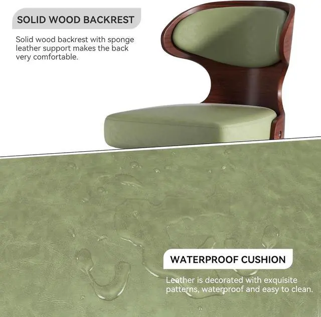 Alt view image 6 of 7 - Bar Stools Set of 2 Seat Adjustable Height 24.5-33.5IN - Bentwood Swivel Barstools with Back & Footrest - PU Leather Upholstered Bar Chair for Bar, Kitchen, Dining Room