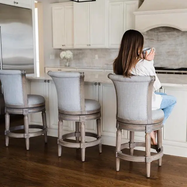 Alt view image 2 of 6 - Maven Lane Pullman 31 Inch Tall Bar Height Upholstered Barstool with Back in Reclaimed Oak Finish with Ash Grey Fabric Cushion Seat