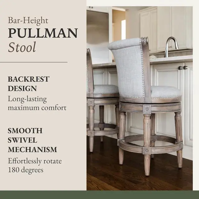 Alt view image 4 of 6 - Maven Lane Pullman 31 Inch Tall Bar Height Upholstered Barstool with Back in Reclaimed Oak Finish with Ash Grey Fabric Cushion Seat