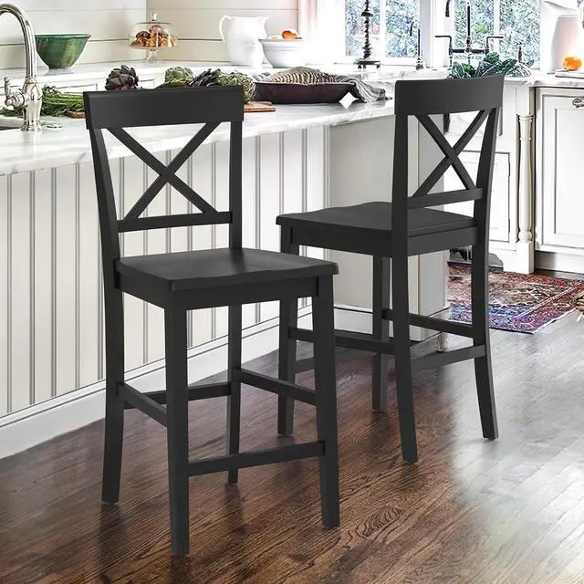 Main image of Counter Height Bar Stools Set of 2, 24" H Wooden Counter Stools with Back and Footrest, X-Back Farmhouse Barstools for Kitchen Island, Home Bar, Black