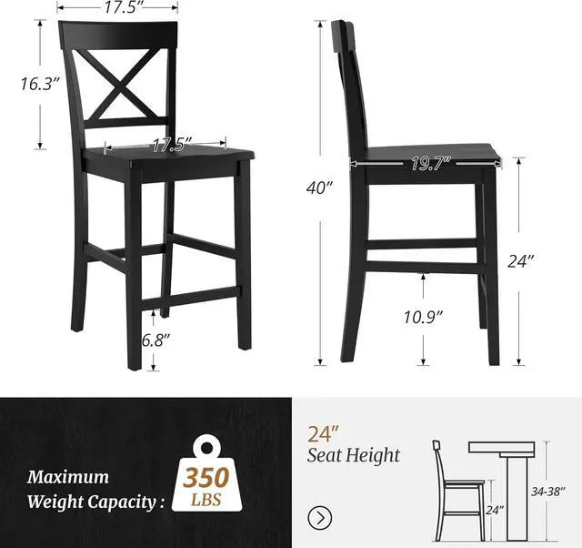 Alt view image 2 of 5 - Counter Height Bar Stools Set of 2, 24" H Wooden Counter Stools with Back and Footrest, X-Back Farmhouse Barstools for Kitchen Island, Home Bar, Black