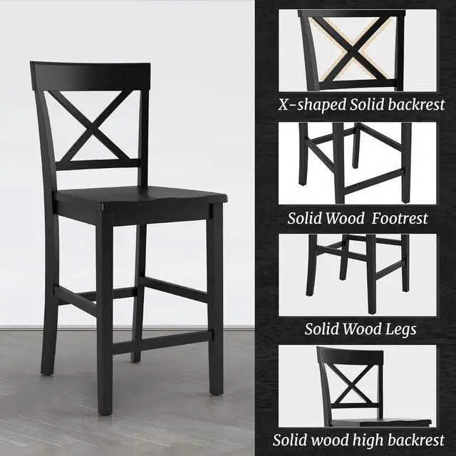 Alt view image 3 of 5 - Counter Height Bar Stools Set of 2, 24" H Wooden Counter Stools with Back and Footrest, X-Back Farmhouse Barstools for Kitchen Island, Home Bar, Black