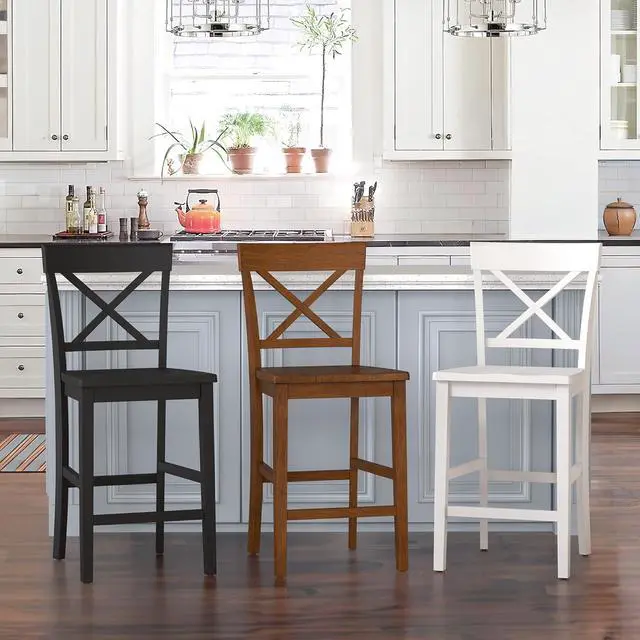 Alt view image 5 of 5 - Counter Height Bar Stools Set of 2, 24" H Wooden Counter Stools with Back and Footrest, X-Back Farmhouse Barstools for Kitchen Island, Home Bar, Black