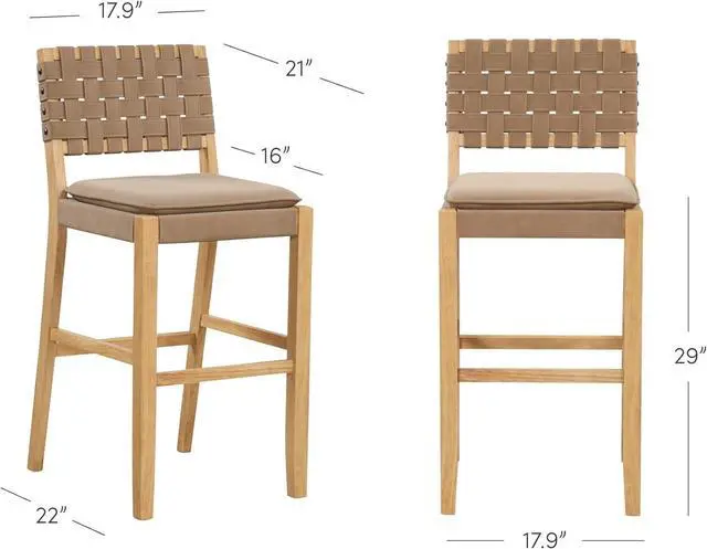 Alt view image 2 of 6 - Nathan James Cohen Mid-Century Modern 29 in. Wood Bar Stool, Upholstered Faux Leather Bar Height Stool with Solid Wood Frame, Natural Brown