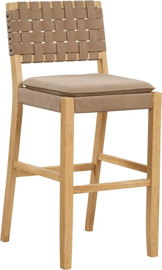 Alt view image 6 of 6 - Nathan James Cohen Mid-Century Modern 29 in. Wood Bar Stool, Upholstered Faux Leather Bar Height Stool with Solid Wood Frame, Natural Brown