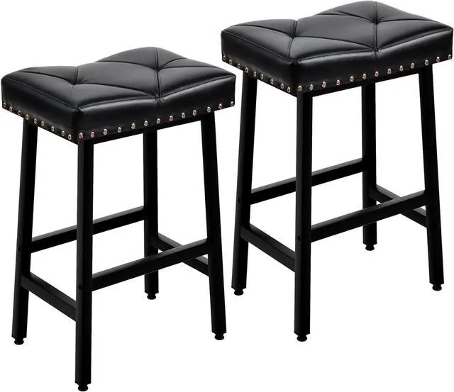 Main image of VECELO 25 inch Counter Height Stools for Kitchen Island, Bar Stools Set of 2, Kitchen Stools with 3.3'' Thick PU Upholstered Saddle Seats, Backless Barstools Bar Chairs with Metal Base, Black