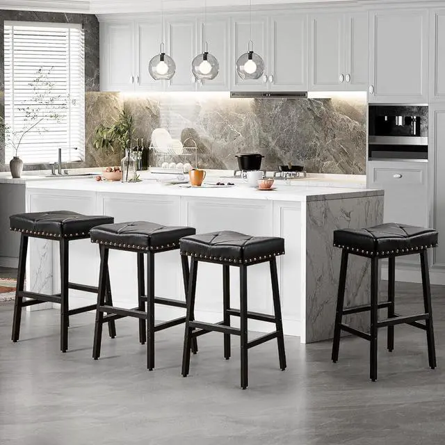 Alt view image 2 of 7 - VECELO 25 inch Counter Height Stools for Kitchen Island, Bar Stools Set of 2, Kitchen Stools with 3.3'' Thick PU Upholstered Saddle Seats, Backless Barstools Bar Chairs with Metal Base, Black