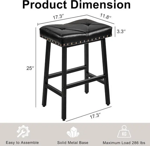 Alt view image 3 of 7 - VECELO 25 inch Counter Height Stools for Kitchen Island, Bar Stools Set of 2, Kitchen Stools with 3.3'' Thick PU Upholstered Saddle Seats, Backless Barstools Bar Chairs with Metal Base, Black