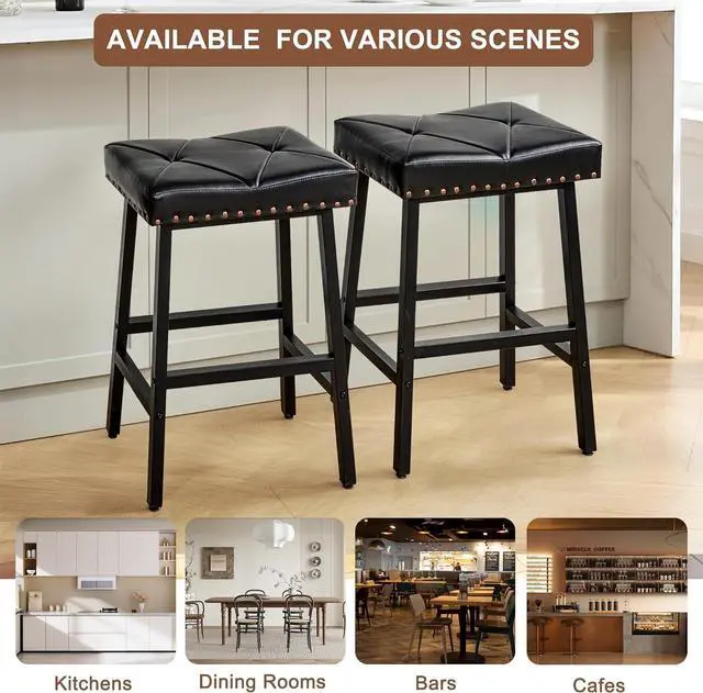 Alt view image 7 of 7 - VECELO 25 inch Counter Height Stools for Kitchen Island, Bar Stools Set of 2, Kitchen Stools with 3.3'' Thick PU Upholstered Saddle Seats, Backless Barstools Bar Chairs with Metal Base, Black