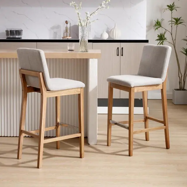 Main image of Kmax 30 Inch Bar Stools Set of 2, Farmhouse Upholstered Bar Stools with Back Support Rustic Wooden White Armless Barstools for Bar Club Pub - Linen, Grey