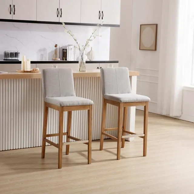 Alt view image 3 of 7 - Kmax 30 Inch Bar Stools Set of 2, Farmhouse Upholstered Bar Stools with Back Support Rustic Wooden White Armless Barstools for Bar Club Pub - Linen, Grey