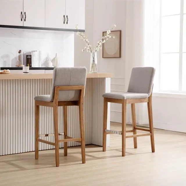 Alt view image 4 of 7 - Kmax 30 Inch Bar Stools Set of 2, Farmhouse Upholstered Bar Stools with Back Support Rustic Wooden White Armless Barstools for Bar Club Pub - Linen, Grey