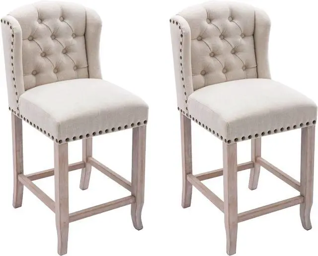 Main image of HEAH-YO Modern Couonter Stools Set of 2, 26 Inches Counter Height Bar Stools with Backrests and Wood Legs, Upholstered Linen Fabric Kitchen Stool for Island, Beige