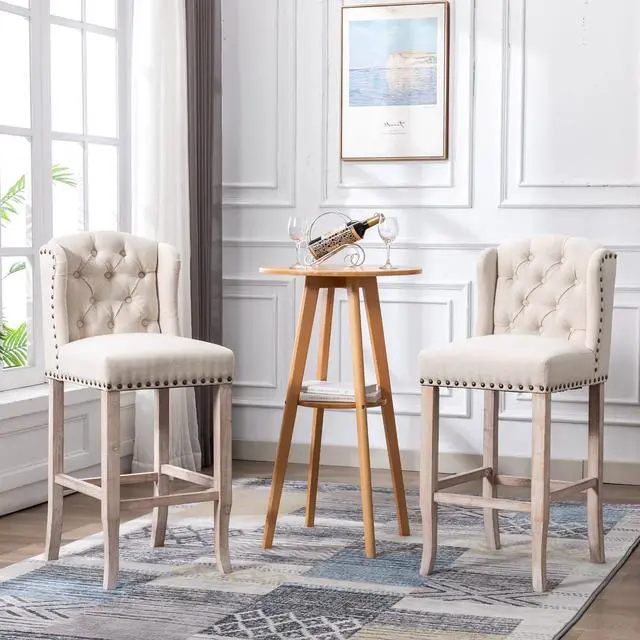 Alt view image 2 of 7 - HEAH-YO Modern Couonter Stools Set of 2, 26 Inches Counter Height Bar Stools with Backrests and Wood Legs, Upholstered Linen Fabric Kitchen Stool for Island, Beige