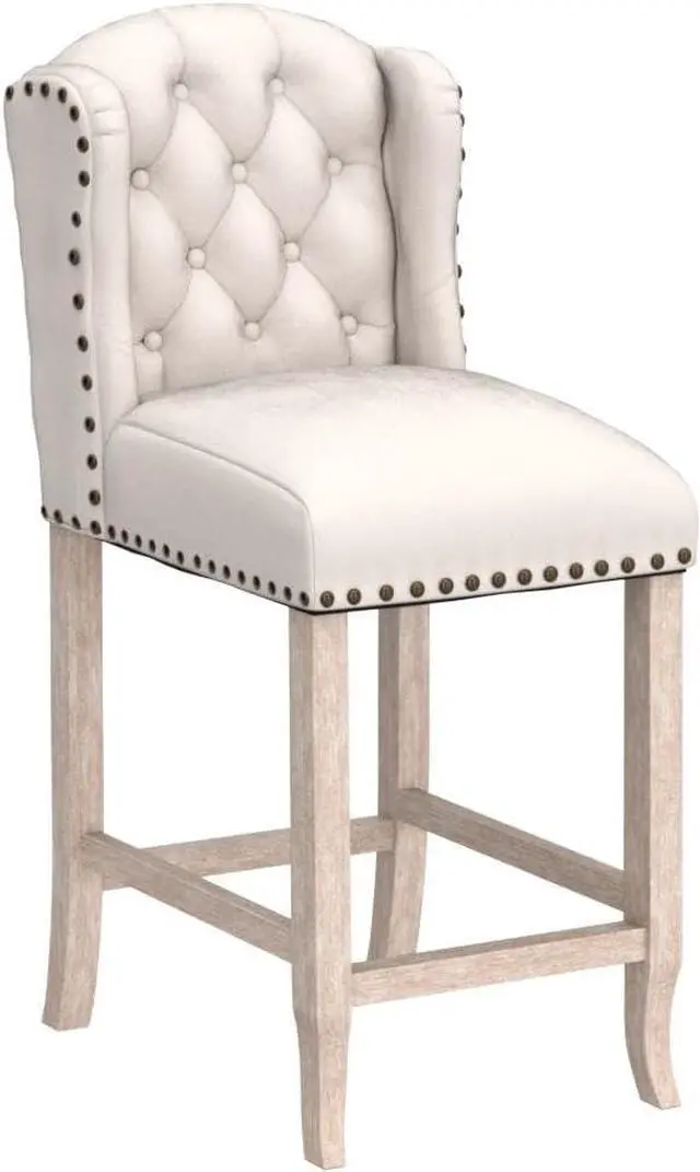 Alt view image 4 of 7 - HEAH-YO Modern Couonter Stools Set of 2, 26 Inches Counter Height Bar Stools with Backrests and Wood Legs, Upholstered Linen Fabric Kitchen Stool for Island, Beige