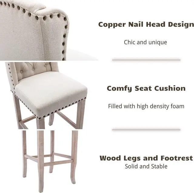 Alt view image 5 of 7 - HEAH-YO Modern Couonter Stools Set of 2, 26 Inches Counter Height Bar Stools with Backrests and Wood Legs, Upholstered Linen Fabric Kitchen Stool for Island, Beige