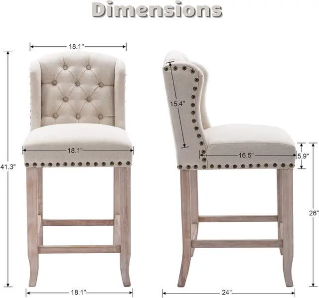 Alt view image 3 of 7 - HEAH-YO Modern Couonter Stools Set of 2, 26 Inches Counter Height Bar Stools with Backrests and Wood Legs, Upholstered Linen Fabric Kitchen Stool for Island, Beige