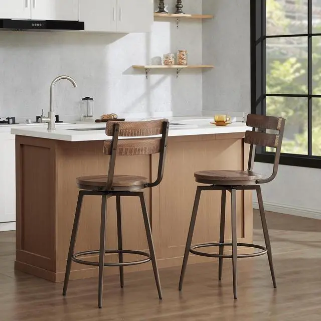Alt view image 4 of 7 - Watson & Whitely Swivel Bar Stools with Detachable Back, 26 Counter Height Bar Stools, Rustic Farmhouse Wood Barstools Set of 2 for Kitchen & Dining Room, Metal Base in Antique Bronze, Brown