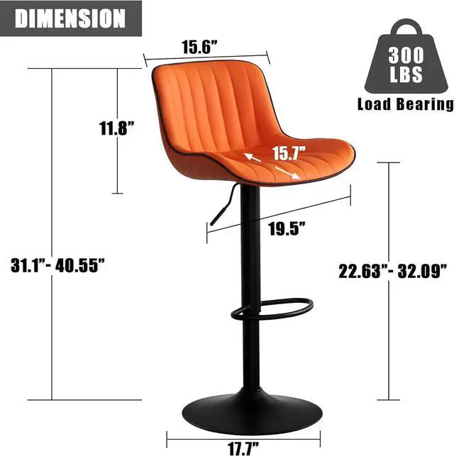 Alt view image 2 of 7 - YOUNIKE Orange Bar Stools Set of 2 Kitchen Counter Height Barstools with Backs Swivel High Faux Leather Paddedt Bar Chairs Modern Adjustable Tall Stools for Breakfas Island