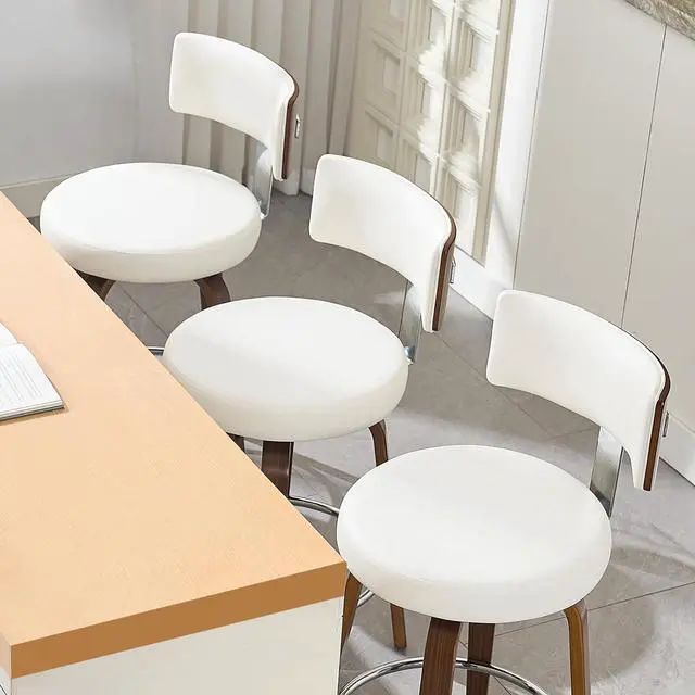 Alt view image 7 of 7 - Swivel Bar Height Bar Stools Set of 3, Faux Leather Kitchen Stools Upholstered Barstools with Back, Walnut Wood Legs, Tall Bar Stools for Kitchen Island, 29 inch Seat Height, White