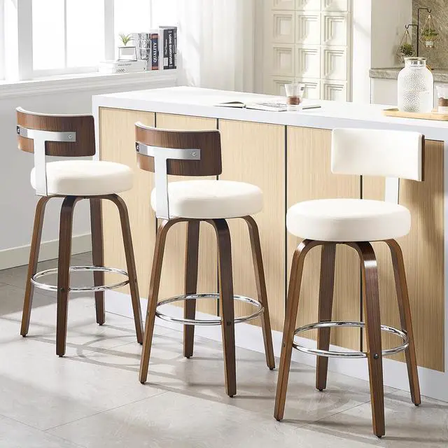 Alt view image 6 of 7 - Swivel Bar Height Bar Stools Set of 3, Faux Leather Kitchen Stools Upholstered Barstools with Back, Walnut Wood Legs, Tall Bar Stools for Kitchen Island, 29 inch Seat Height, White