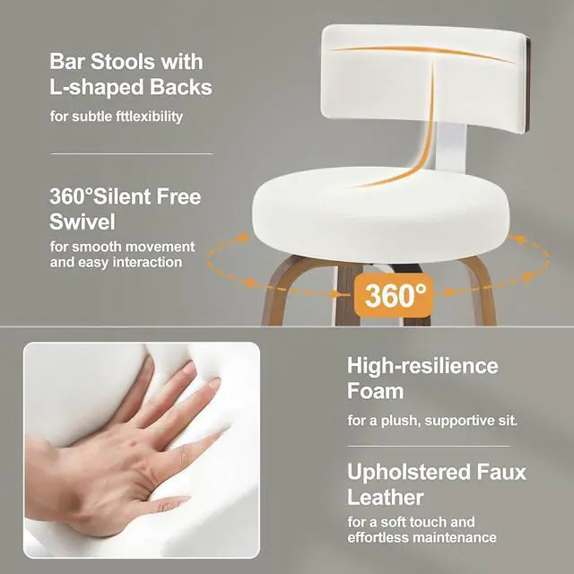 Alt view image 3 of 7 - Swivel Bar Height Bar Stools Set of 3, Faux Leather Kitchen Stools Upholstered Barstools with Back, Walnut Wood Legs, Tall Bar Stools for Kitchen Island, 29 inch Seat Height, White