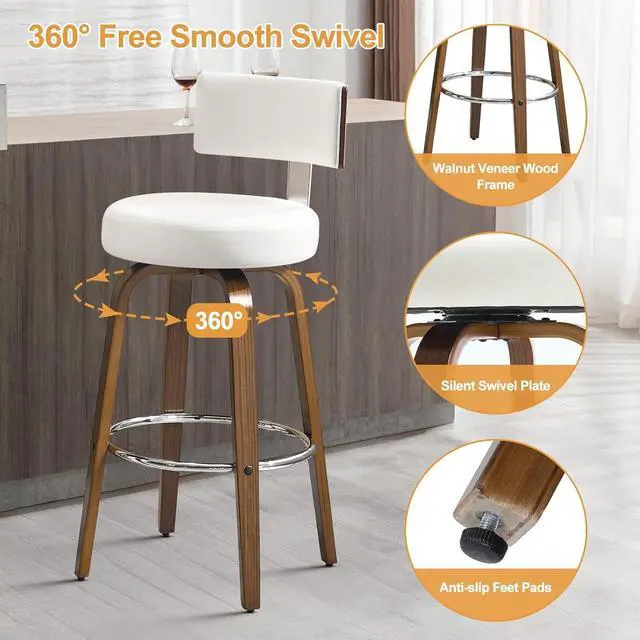 Alt view image 5 of 7 - Swivel Bar Height Bar Stools Set of 3, Faux Leather Kitchen Stools Upholstered Barstools with Back, Walnut Wood Legs, Tall Bar Stools for Kitchen Island, 29 inch Seat Height, White