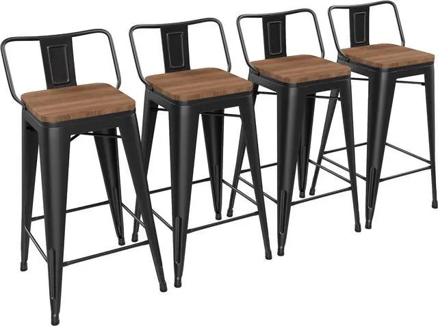 Main image of Yongchuang 26 inch Bar Stools Set of 4 Kitchen Counter Height Barstools with Wood Seat Metal Low Back Bar Chairs Matte Black