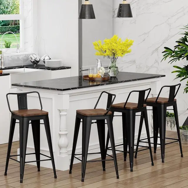 Alt view image 2 of 7 - Yongchuang 26 inch Bar Stools Set of 4 Kitchen Counter Height Barstools with Wood Seat Metal Low Back Bar Chairs Matte Black
