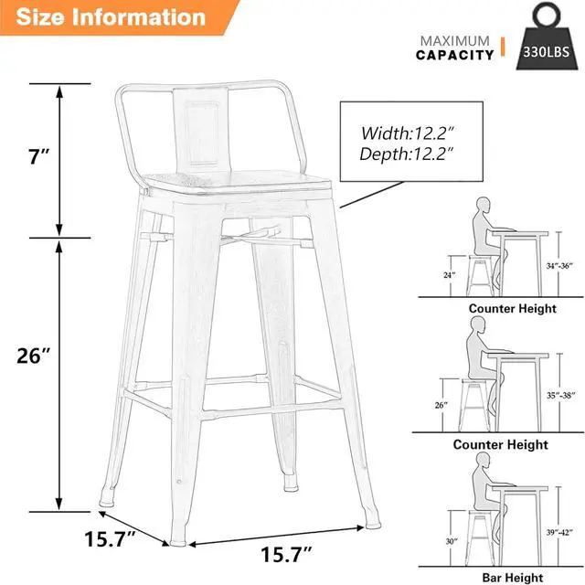 Alt view image 3 of 7 - Yongchuang 26 inch Bar Stools Set of 4 Kitchen Counter Height Barstools with Wood Seat Metal Low Back Bar Chairs Matte Black