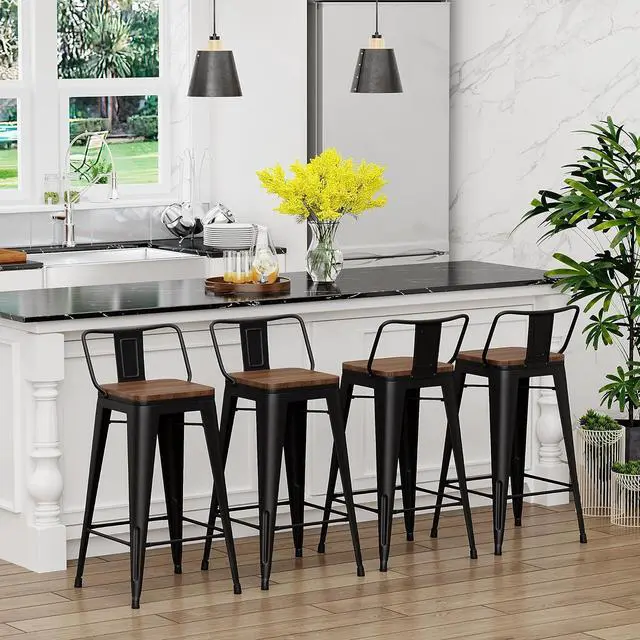 Alt view image 4 of 7 - Yongchuang 26 inch Bar Stools Set of 4 Kitchen Counter Height Barstools with Wood Seat Metal Low Back Bar Chairs Matte Black