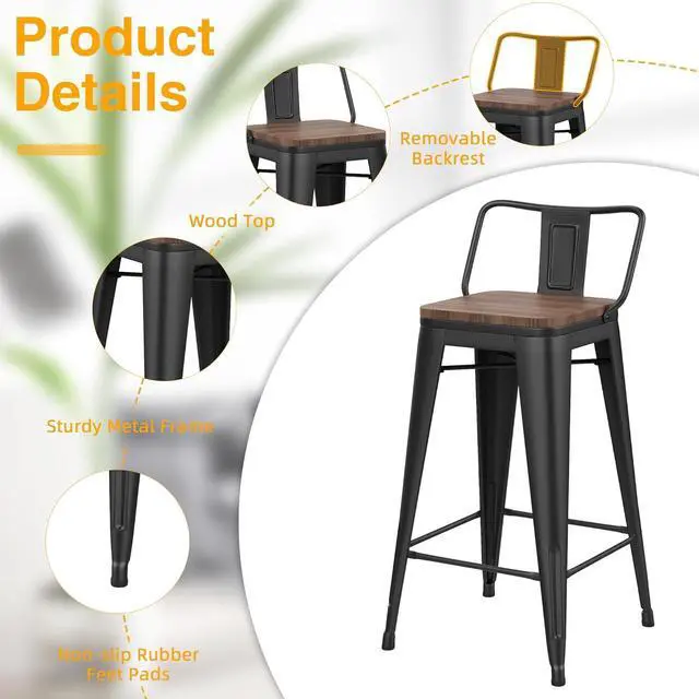 Alt view image 5 of 7 - Yongchuang 26 inch Bar Stools Set of 4 Kitchen Counter Height Barstools with Wood Seat Metal Low Back Bar Chairs Matte Black
