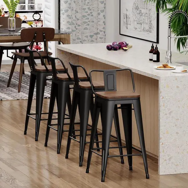 Alt view image 6 of 7 - Yongchuang 26 inch Bar Stools Set of 4 Kitchen Counter Height Barstools with Wood Seat Metal Low Back Bar Chairs Matte Black
