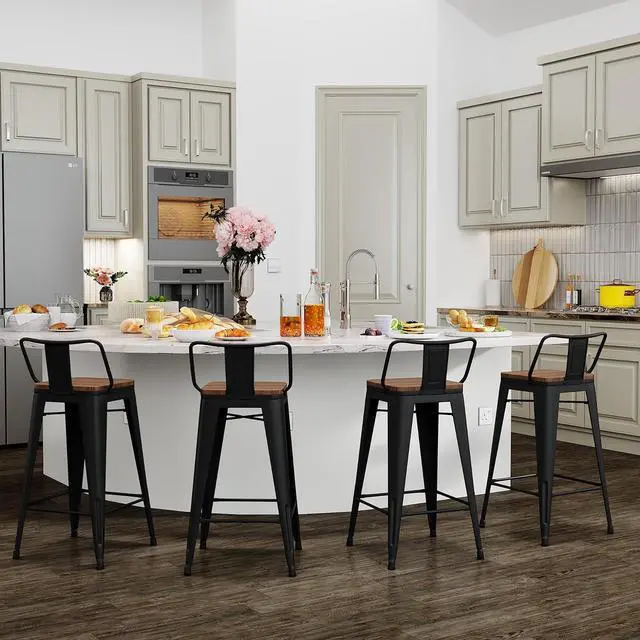 Alt view image 7 of 7 - Yongchuang 26 inch Bar Stools Set of 4 Kitchen Counter Height Barstools with Wood Seat Metal Low Back Bar Chairs Matte Black