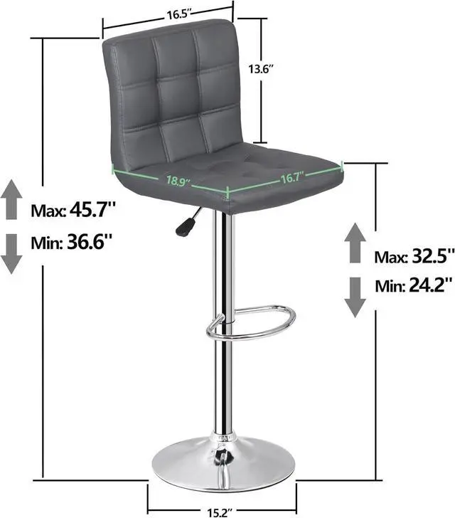 Alt view image 3 of 7 - ZENY X-Large Bar Stools Set of 2- Counter Chairs Adjustable Counter Height Swivel Barstools, Square PU Leather Kitchen Counter Height Bar Stools, Kitchen Island Chairs (Grey)