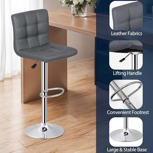 Alt view image 6 of 7 - ZENY X-Large Bar Stools Set of 2- Counter Chairs Adjustable Counter Height Swivel Barstools, Square PU Leather Kitchen Counter Height Bar Stools, Kitchen Island Chairs (Grey)