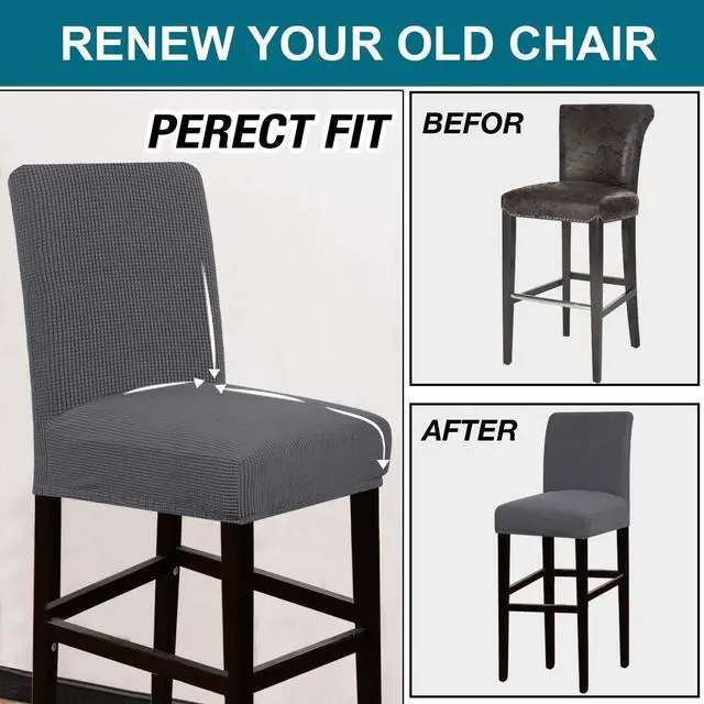 Alt view image 5 of 7 - Turquoize Stretch Bar Stool Cover Counter Stool Pub Chair Slipcover for Dining Room Cafe Barstool Slipcover Removable Furniture Chair Seat Cover Jacquard Fabric with Elastic Bottom Set of 4,Gray