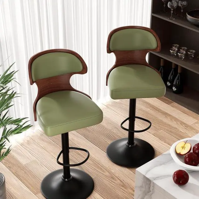Alt view image 3 of 7 - Bar Stools Set of 2 Seat Adjustable Height 24.5-33.5IN - Bentwood Swivel Barstools with Back & Footrest - PU Leather Upholstered Bar Chair for Bar, Kitchen, Dining Room