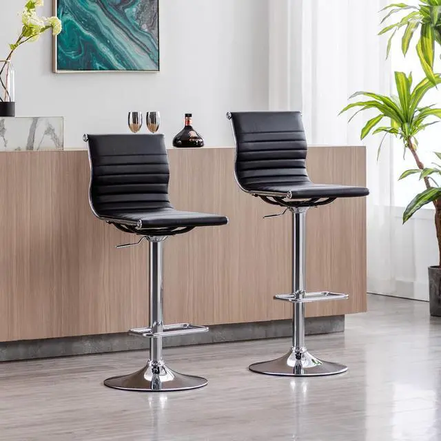 Alt view image 2 of 7 - Metal Bar Stools Chairs Set of 4 Height Adjustable Barstools Modern Black PU Leather Armless Counter Stool with Chrome Base for Kitchen Island/Bar/Dining Room - Black, 4PCS