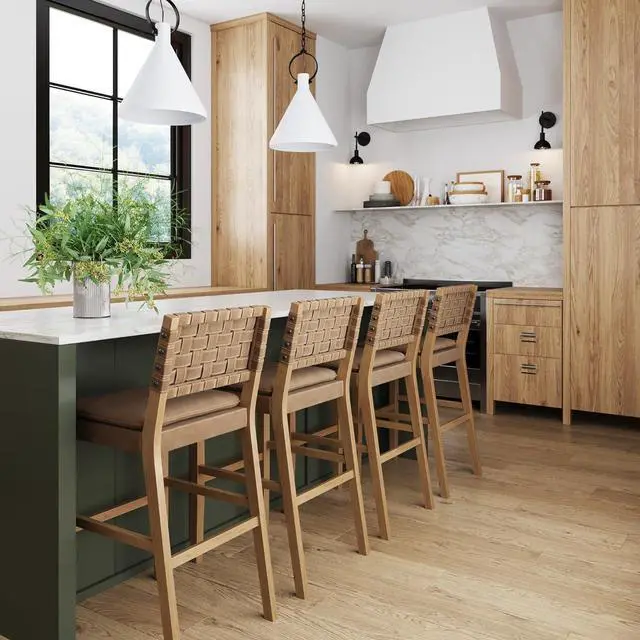 Alt view image 3 of 6 - Nathan James Cohen Mid-Century Modern 29 in. Wood Bar Stool, Upholstered Faux Leather Bar Height Stool with Solid Wood Frame, Natural Brown