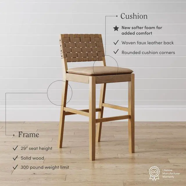 Alt view image 4 of 6 - Nathan James Cohen Mid-Century Modern 29 in. Wood Bar Stool, Upholstered Faux Leather Bar Height Stool with Solid Wood Frame, Natural Brown